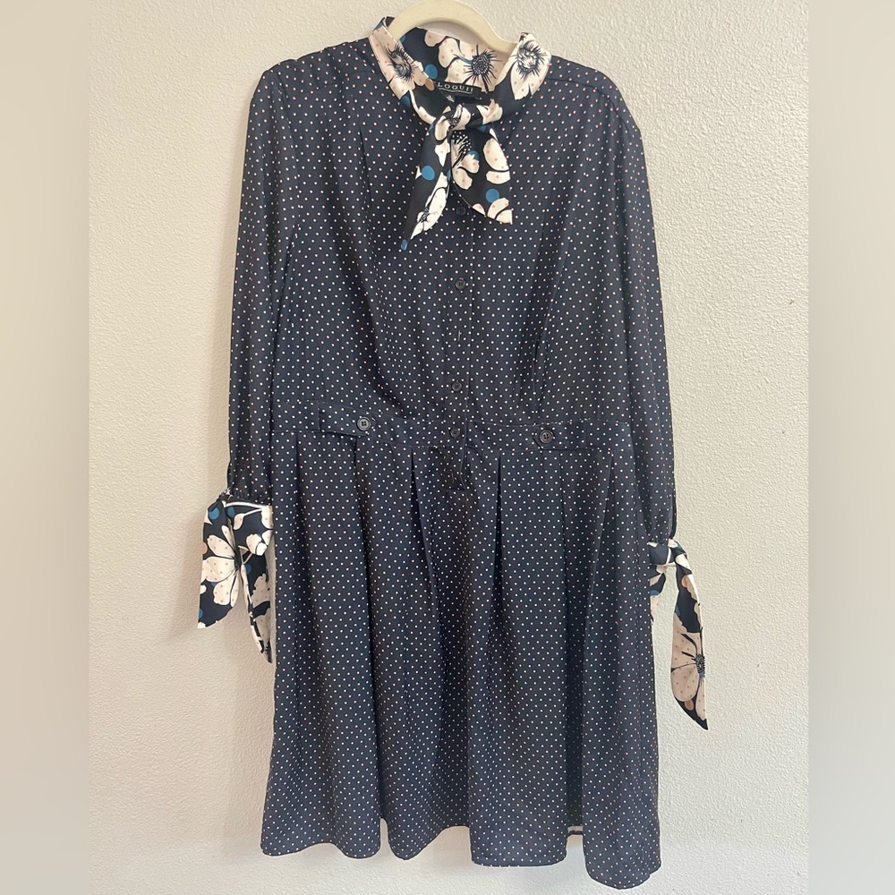 Eloquii Navy Polka Dot Long Sleeve Dress Tie Accents Classy Size 16 - Picture 1 of 15
